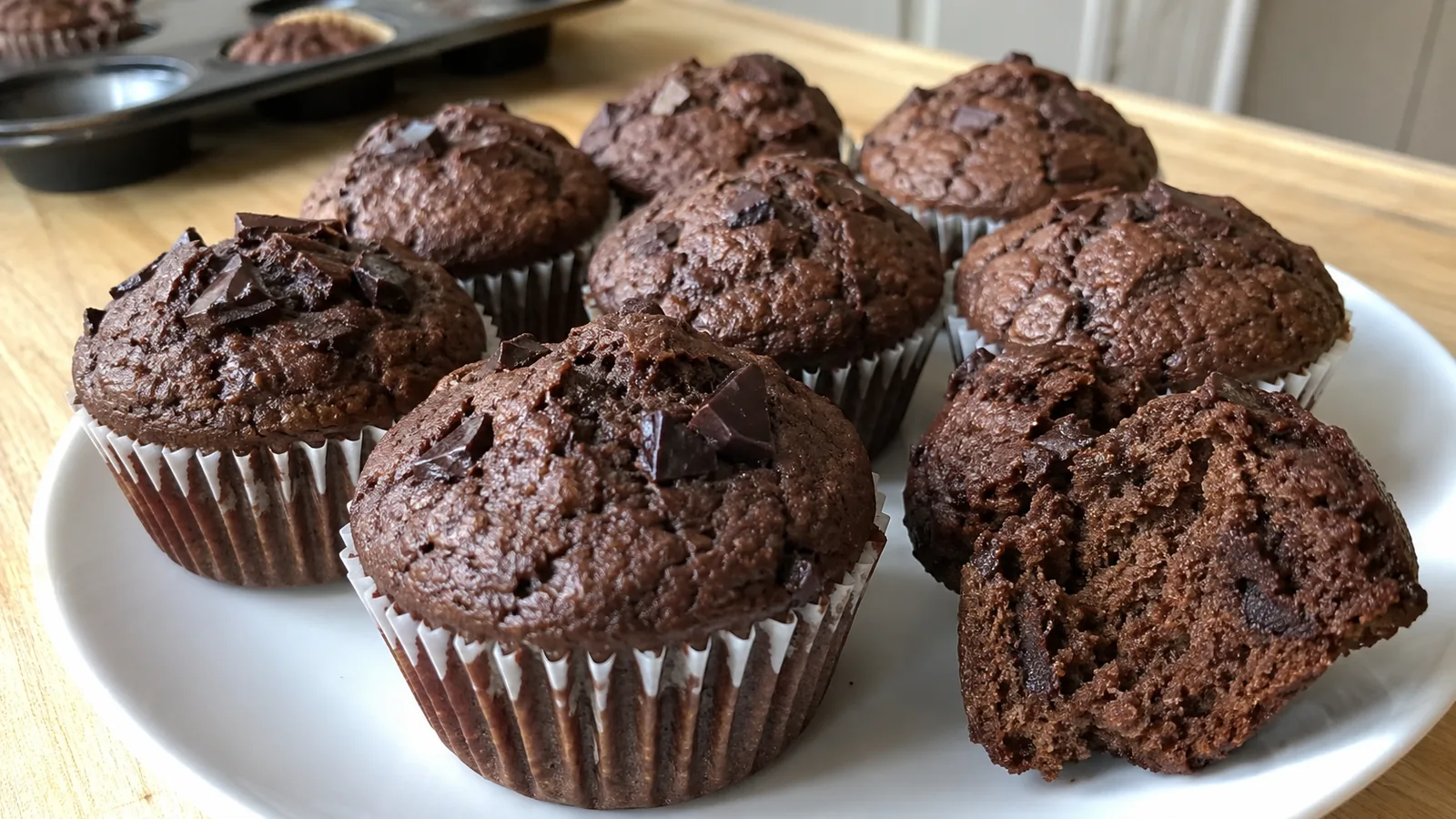 Nadýchané hrnčekové čokoládové muffiny s kúskami čokolády