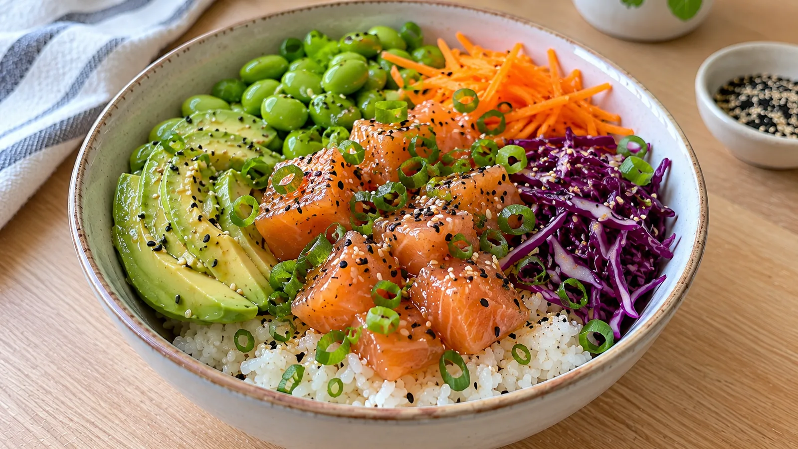 Havajské Poke bowl s lososom, avokádom a edamame