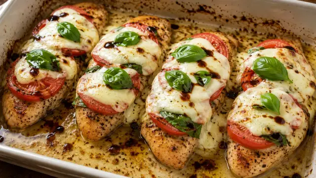 Zapekané kuracie prsia Caprese s mozzarellou a paradajkou