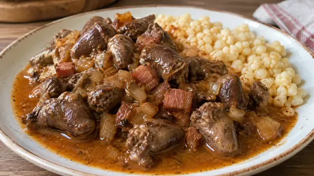 Dusené kuracie srdiečka na cibuľke a slanine