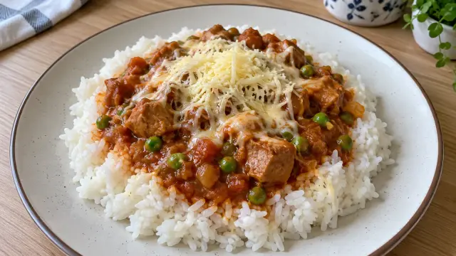 Tradičný slovenský mexický guláš so syrom a hráškom