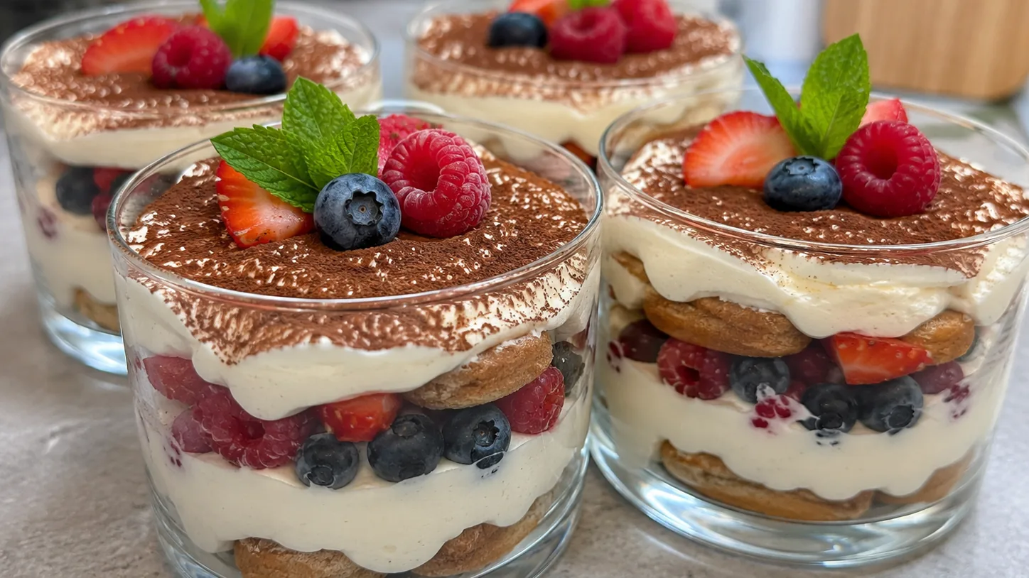 Rýchly dezert do pohára s mascarpone, ovocím a piškótami