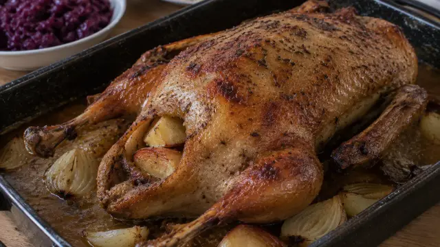 Chrumkavá pečená hus s jablkami a rascou