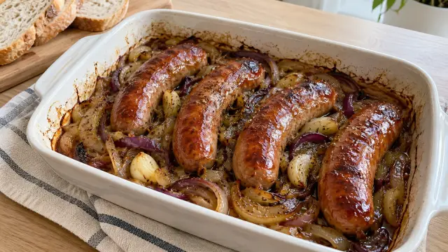 Pečená domáca klobása s cibuľou a čiernym pivom