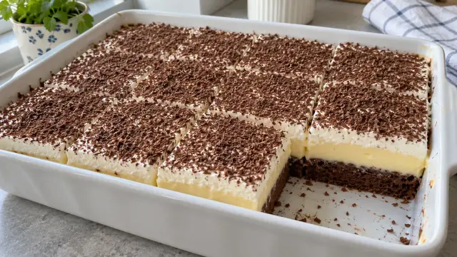 Svieži pudingový koláč s kyslou smotanou na kakaovej piškóte