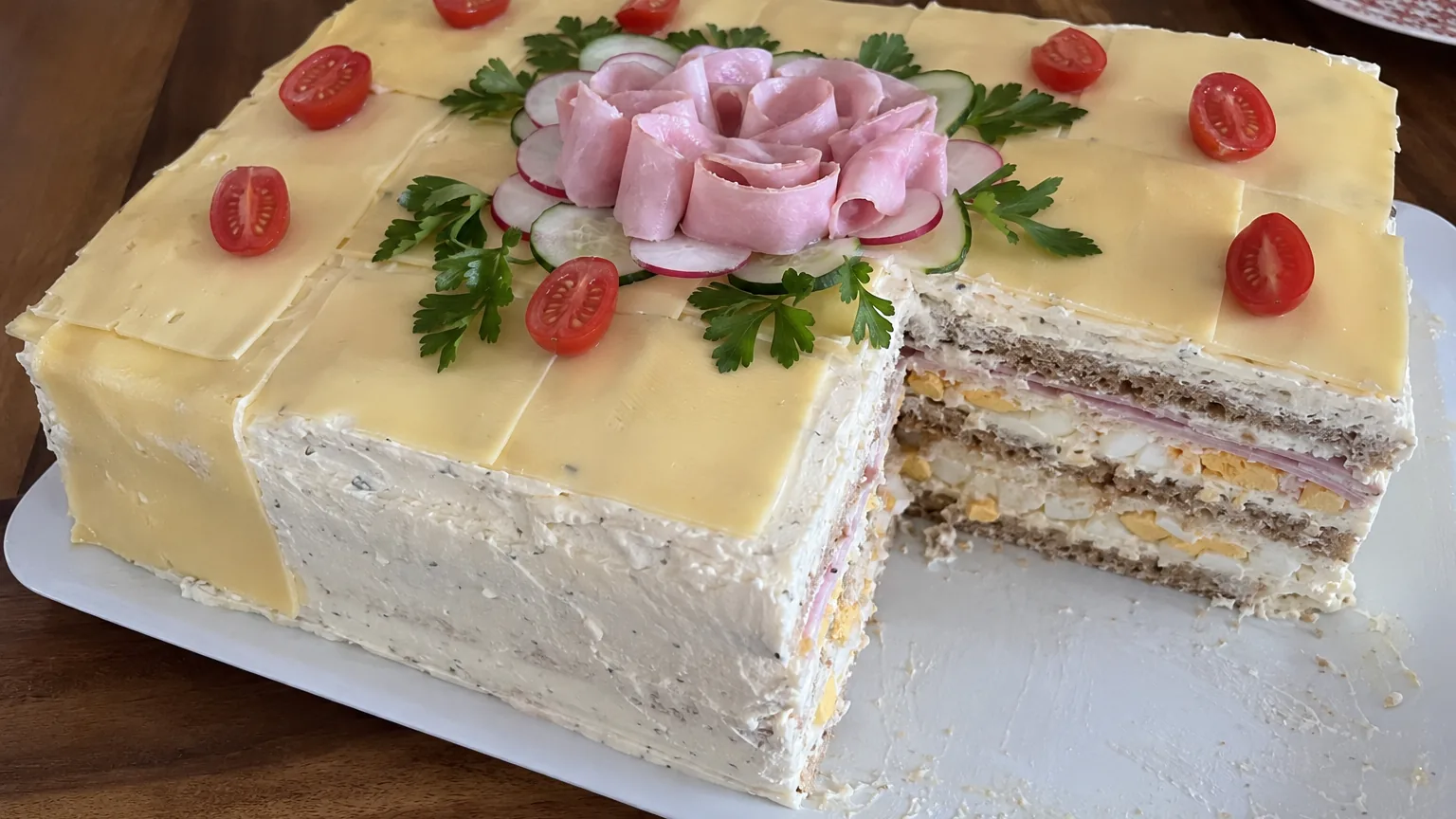 Slaná syrovo-šunková torta z toastového chleba
