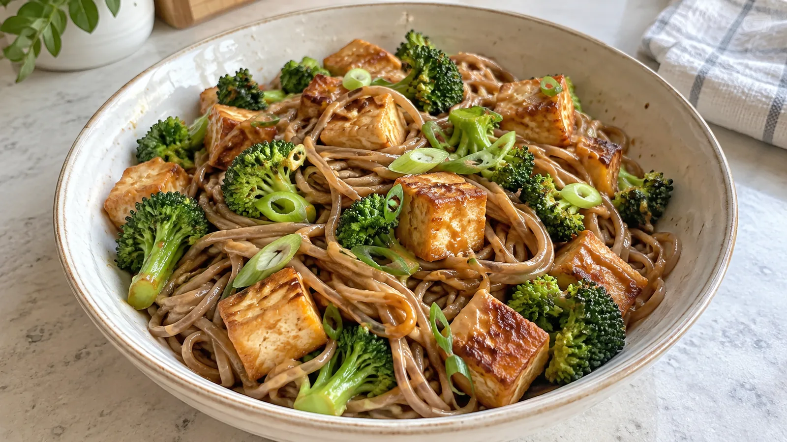 Pohánkové soba rezance s chrumkavým tofu a brokolicou