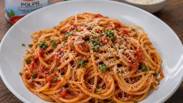 Talianske pikantné špagety Arrabbiata s parmezánom