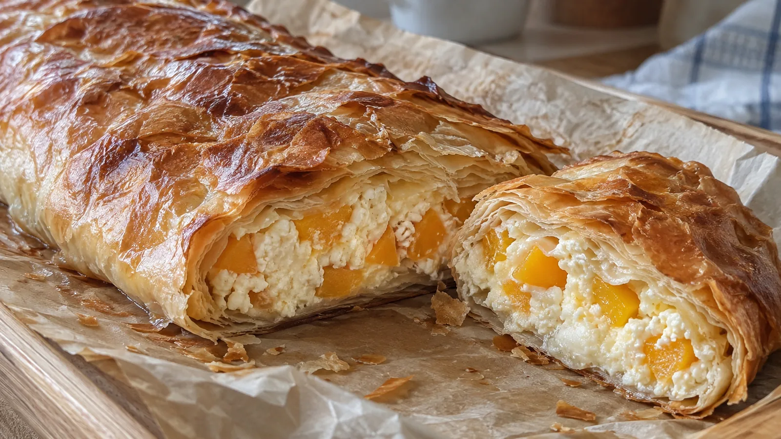 Ťahaná tvarohová štrúdľa s broskyňami