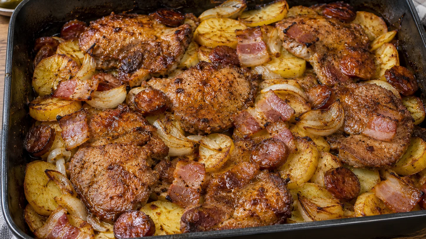 Gazdovská zapekaná krkovička so zemiakmi na jednom plechu