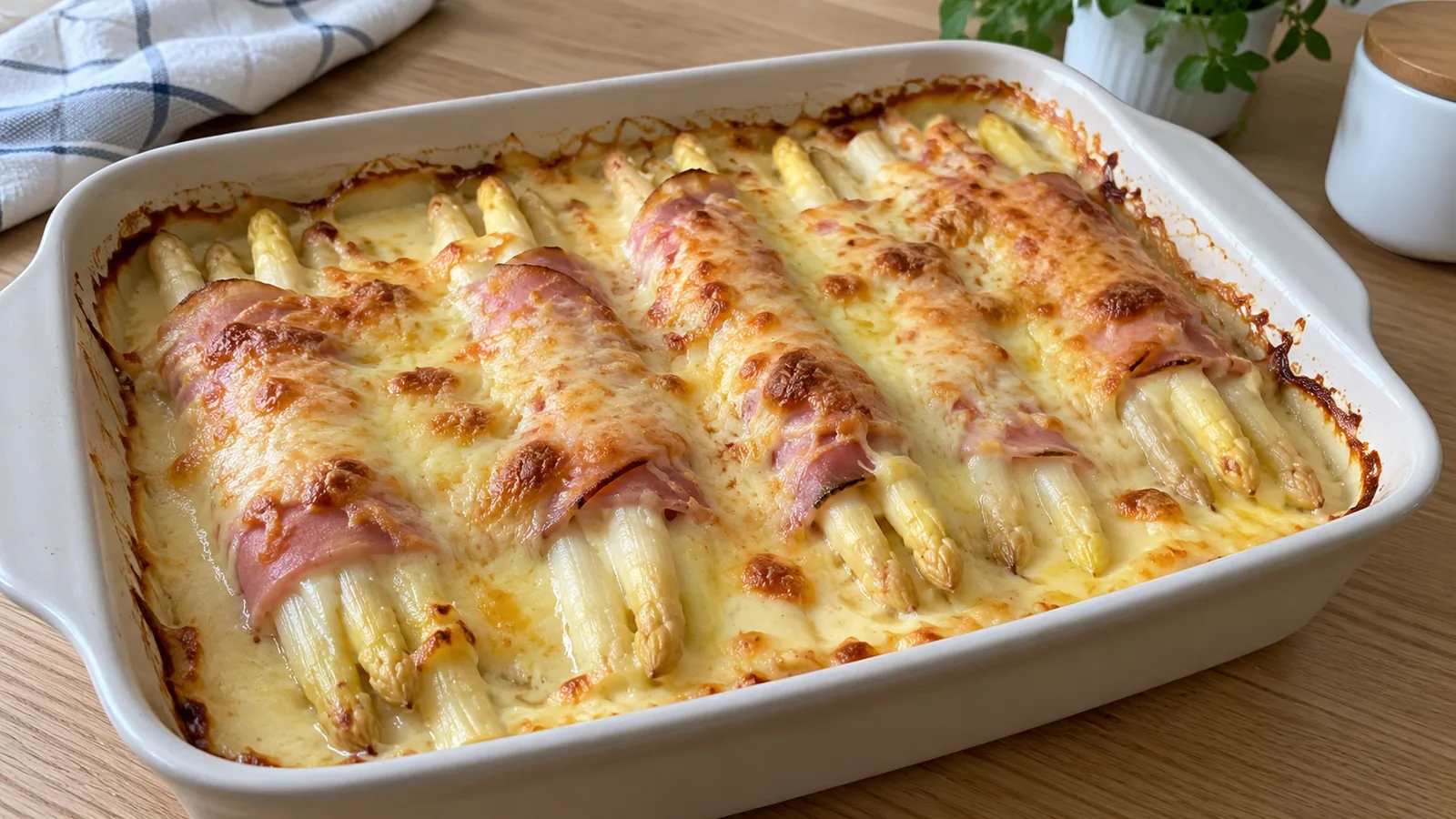 Zapekaná biela špargľa so šunkou a syrom