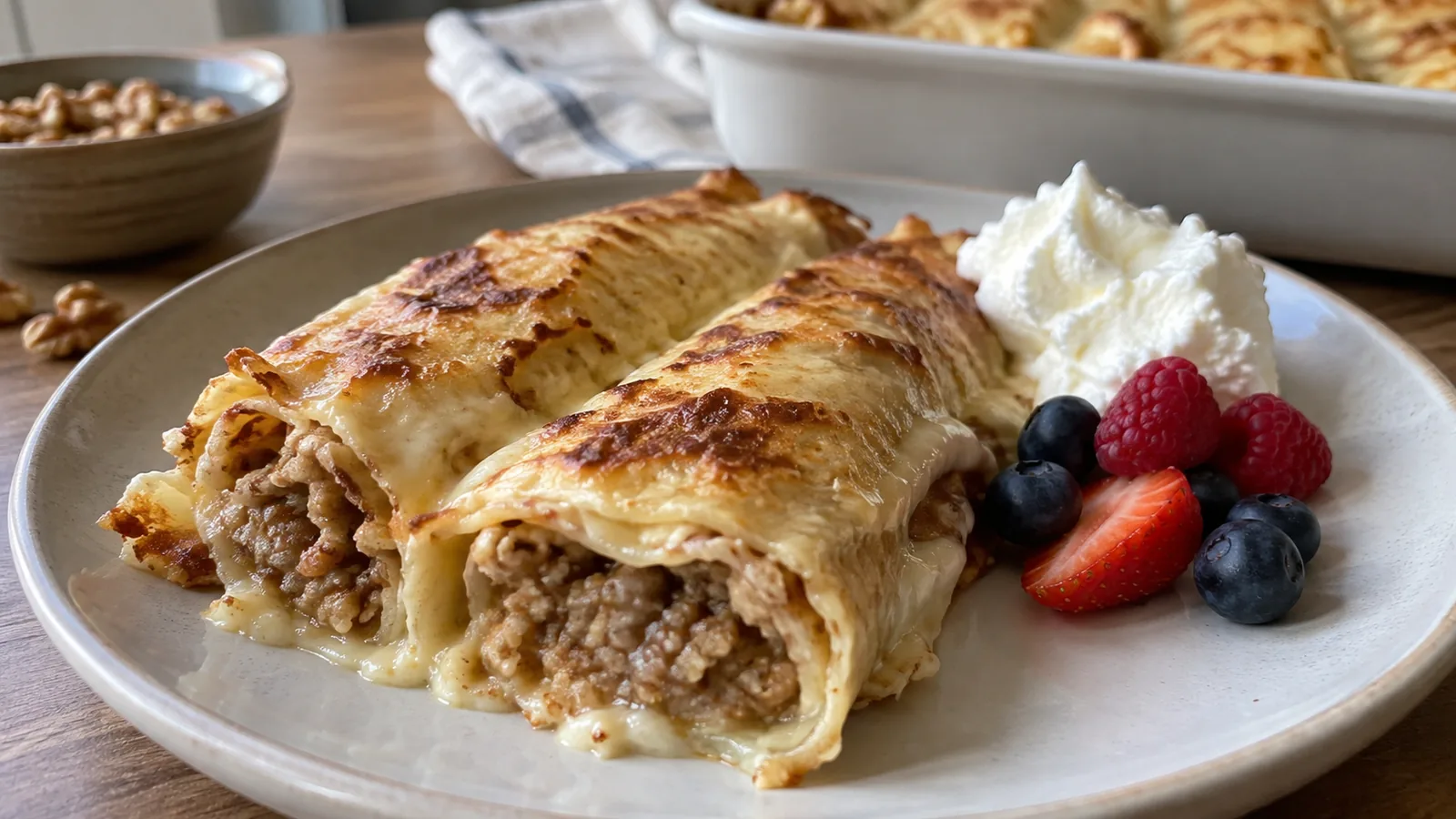 Sladké zapekané palacinky s orechovou plnkou