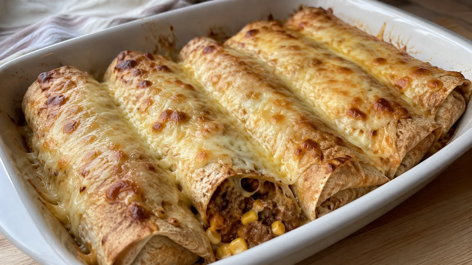 Zapekané tortilly plnené mletým mäsom, kukuricou a syrom