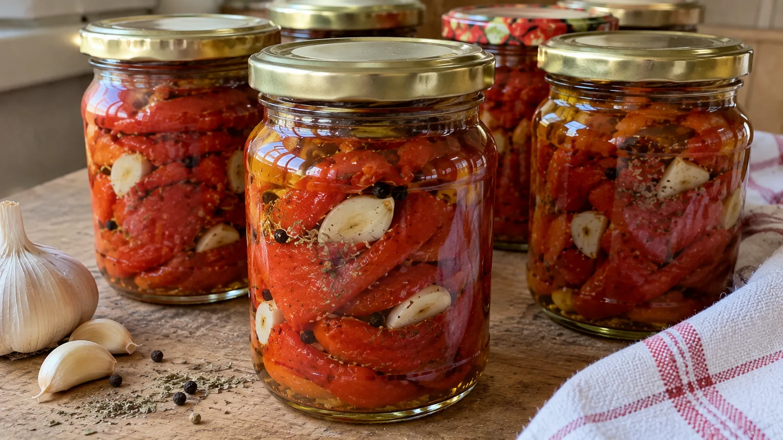 Zaváraná pečená paprika v oleji s cesnakom