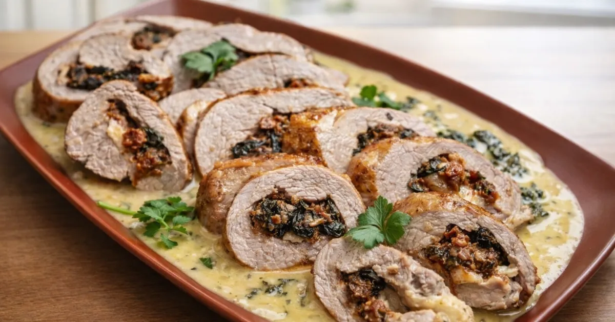 Roláda z bravčovej panenky plnená mozzarellou a špenátom